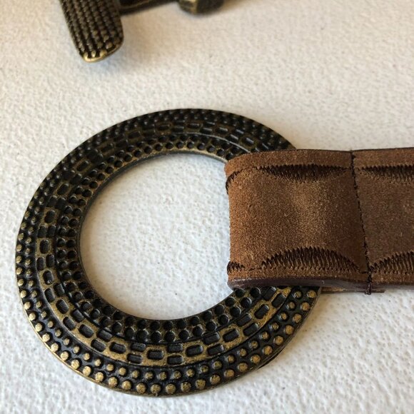 Brown Genuine Leather Hook And Loop Belt Women Medium Embroidered Stitching - Picture 6 of 10